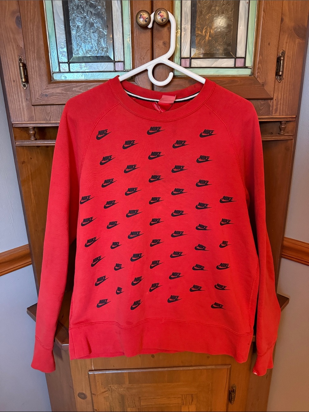 Nike Women's Sportswear Club Fleece All-Over Print Logo Crewneck Sweatshirt Red